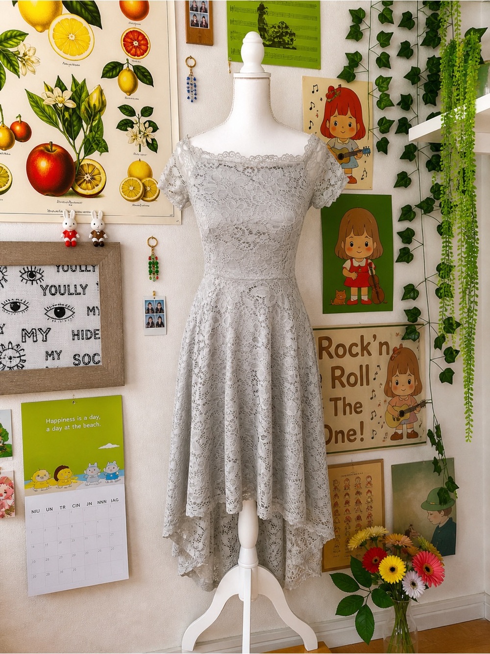 Light Gray Lace High-Low Dress